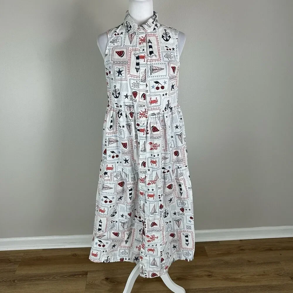 Size S Midi Dress Lighthouse Button Front Shirt Lobster Nautical Sailing Boat